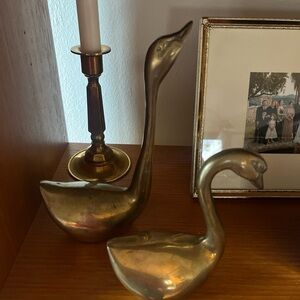 Vintage Pair of Solid Brass Swans Medium VGUC MCM
